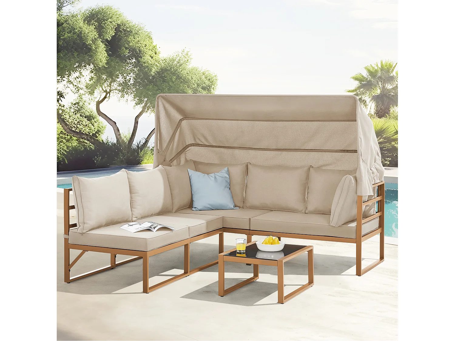 Ensemble de salon de jardin MAUI avec toit - Canapé d'extérieur en acier beigw