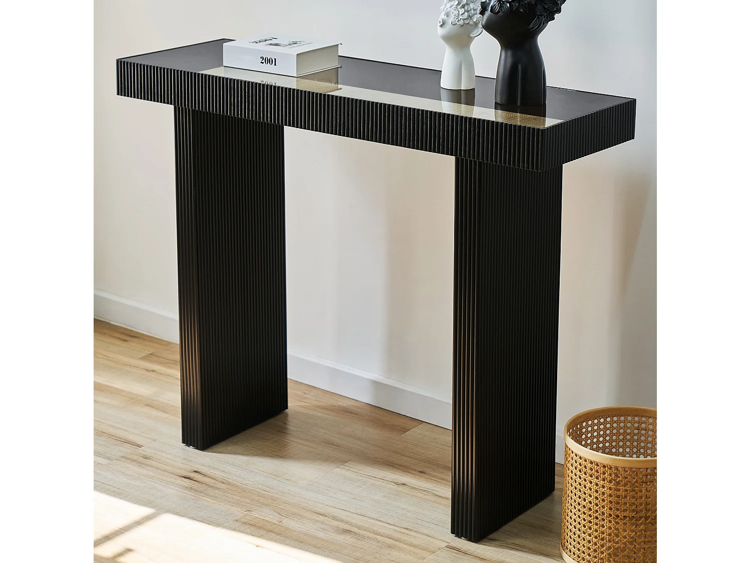 Console SVITA ALVARO aspect rotin noir/naturel