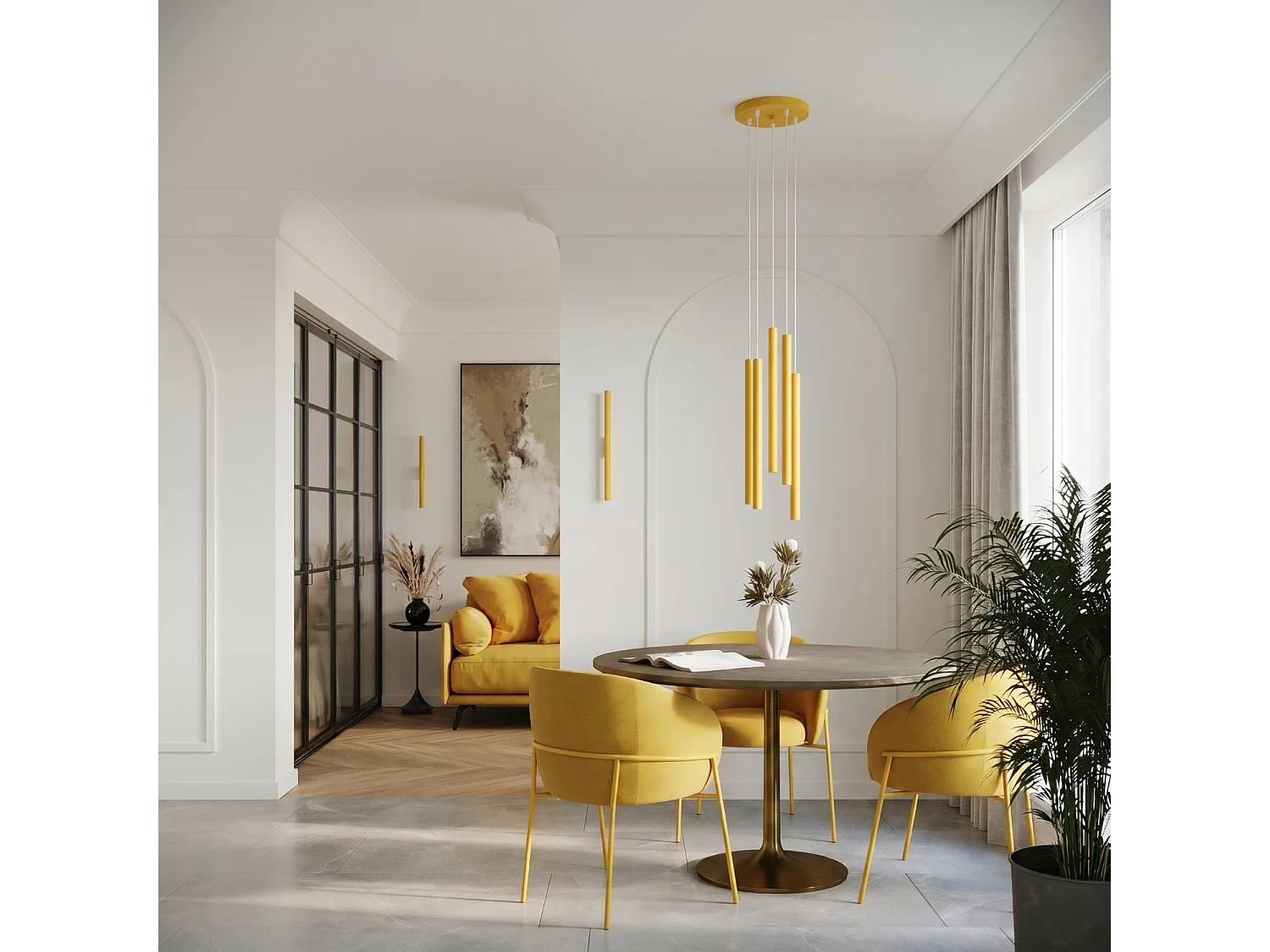 Lampe suspendue moderne en acier - 3 sources lumineuses - L.19,5 x H.115 cm - jaune
