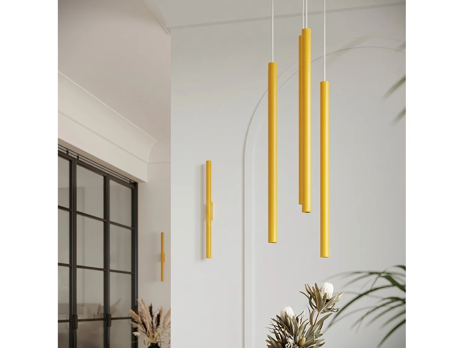 Lampe suspendue moderne en acier - 3 sources lumineuses - L.19,5 x H.115 cm - jaune