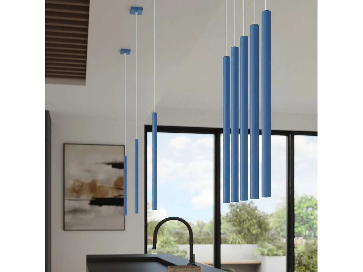 Lampe suspendue moderne en acier - 2 sources lumineuses - L.15 x H.118 cm - bleu clair