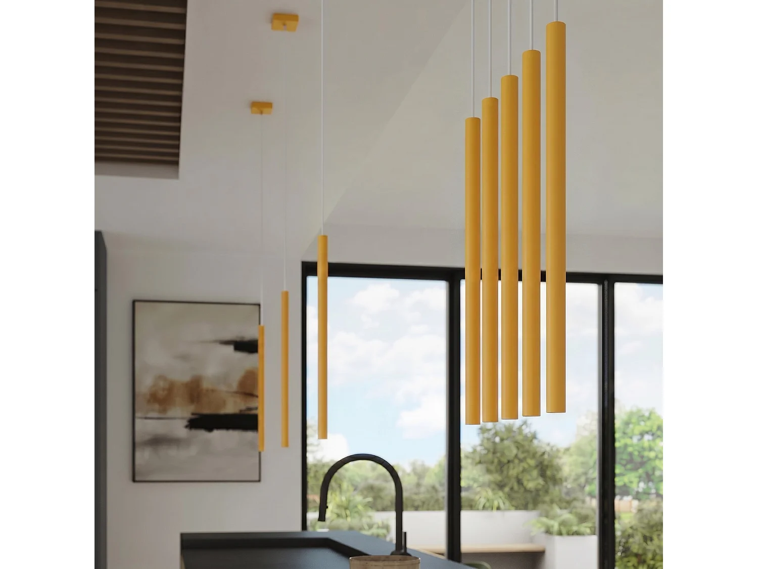 Lampe suspendue moderne en acier - 1 sources lumineuses - L.8 x H.120 cm - jaune