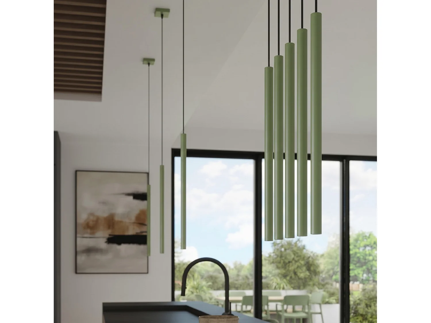 Lampe suspendue moderne en acier - 2 sources lumineuses - L.15 x H.118 cm - sauge