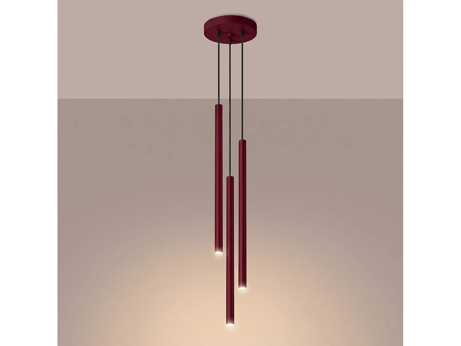 Lampe suspendue moderne en acier - 3 sources lumineuses - L.19,5 x H.115 cm - bordeaux