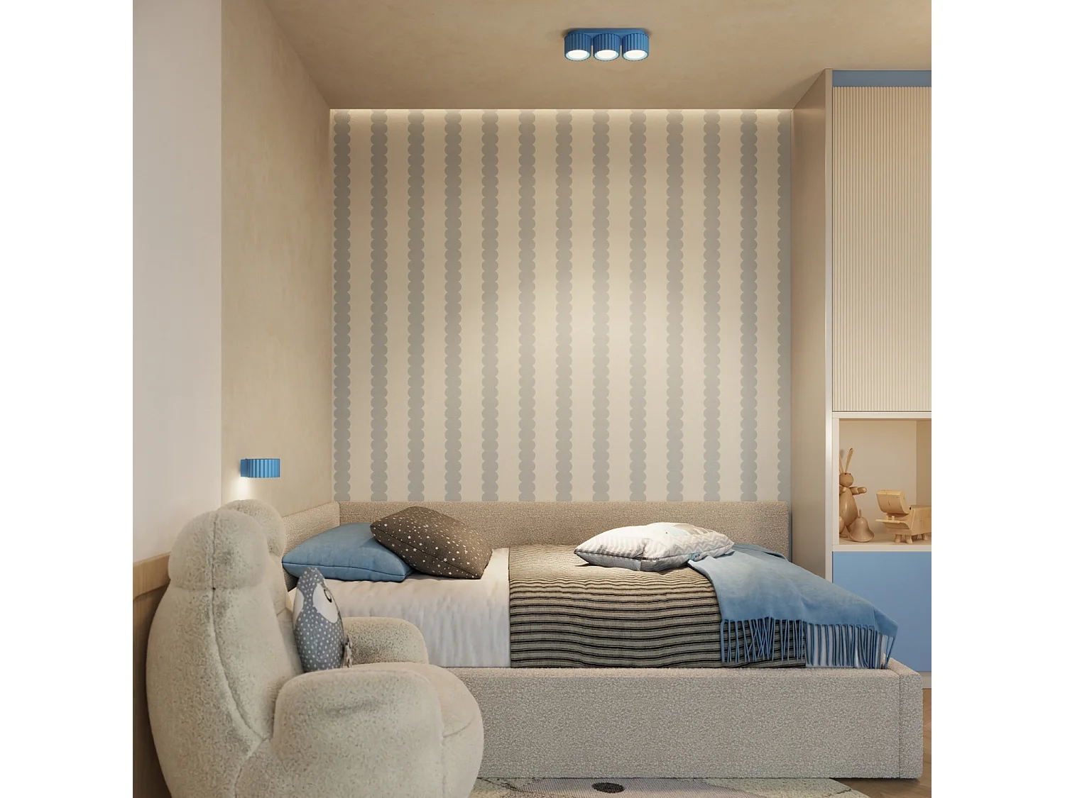 Plafonnier minimaliste en aluminium - 3 sources lumineuses - L.32,5 x H.8 cm - bleu clair