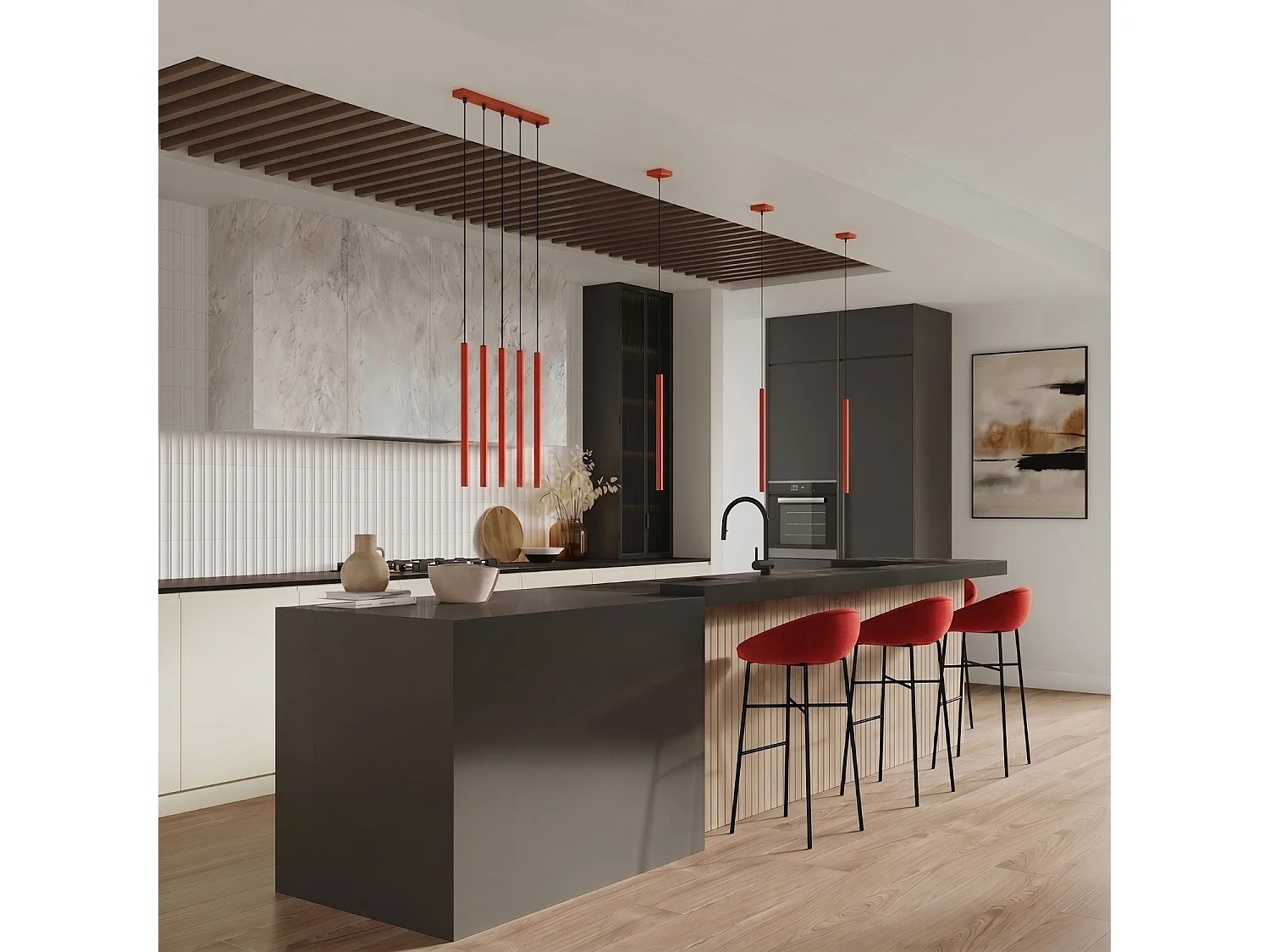 Lampe suspendue moderne en acier - 3 sources lumineuses - L.19,5 x H.115 cm - rouge