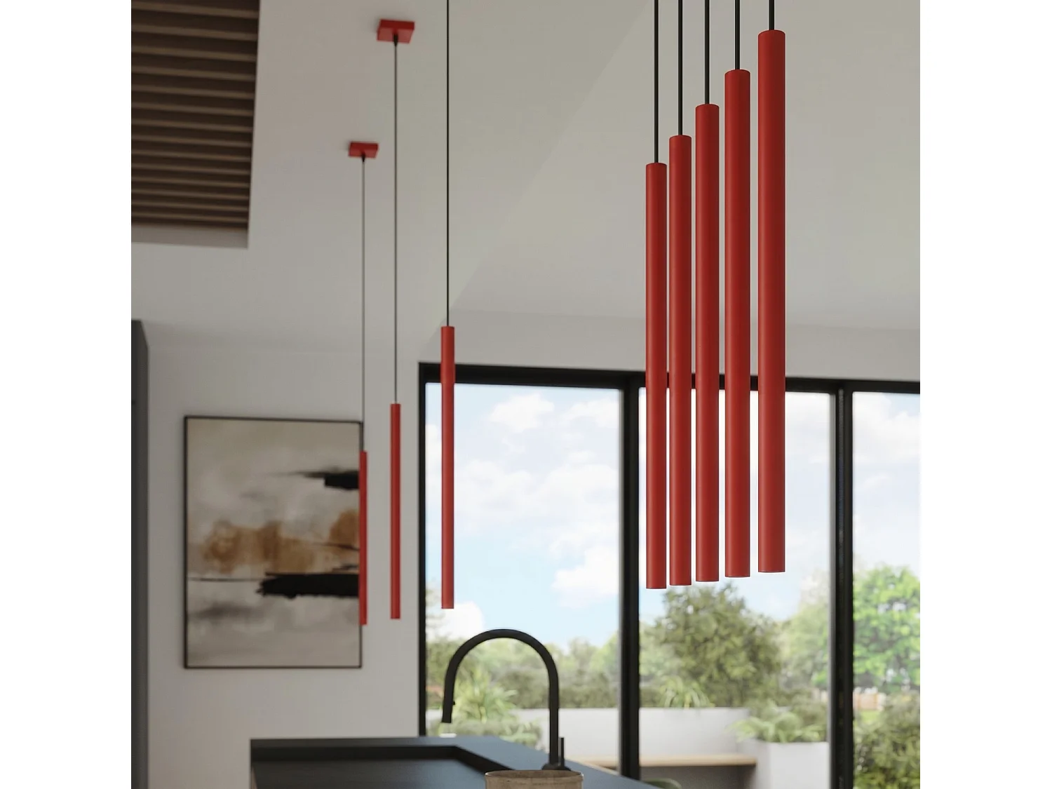 Lampe suspendue moderne en acier - 3 sources lumineuses - L.19,5 x H.115 cm - rouge