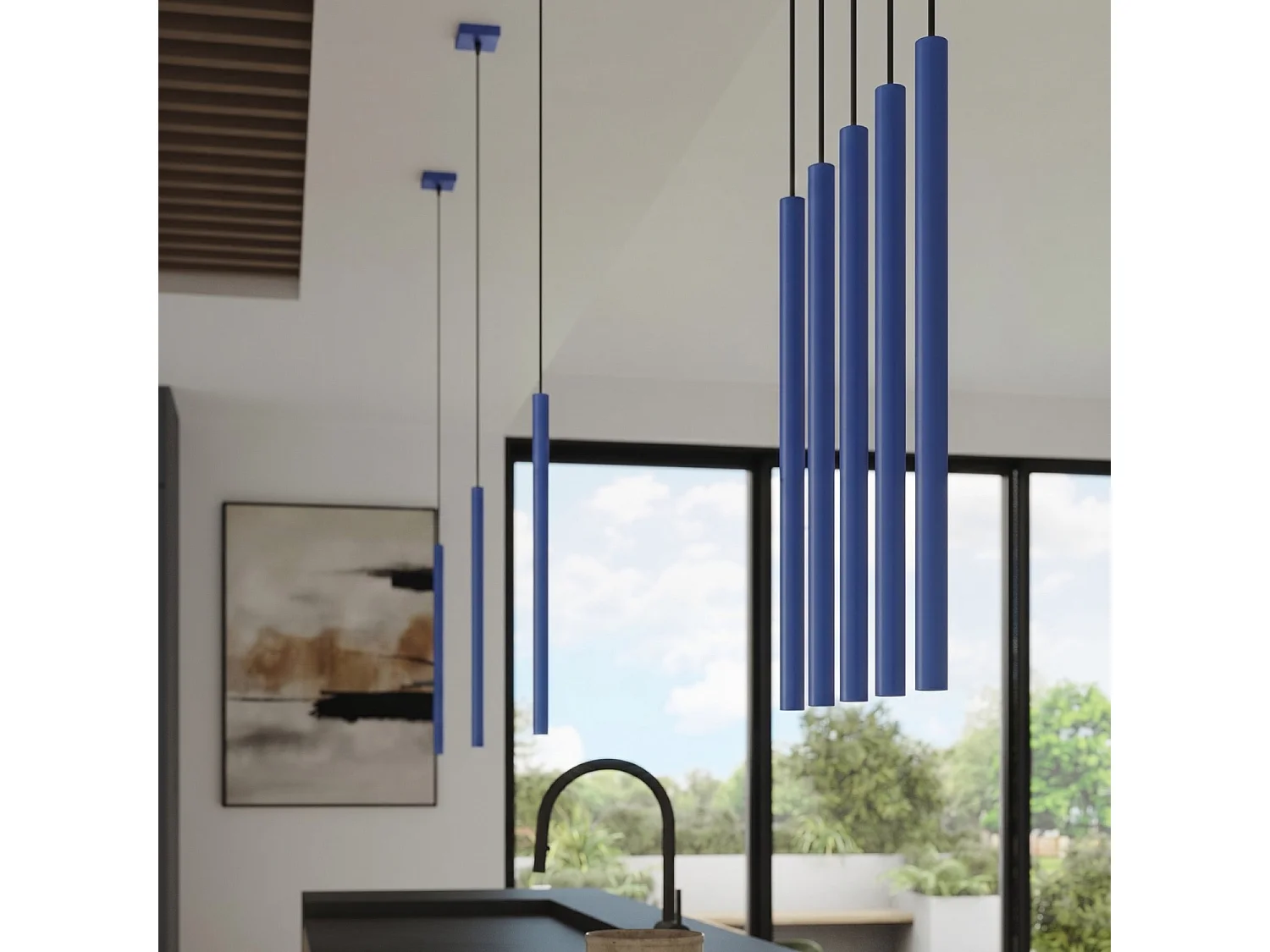 Lampe suspendue moderne en acier - 2 sources lumineuses - L.15 x H.118 cm - outremer
