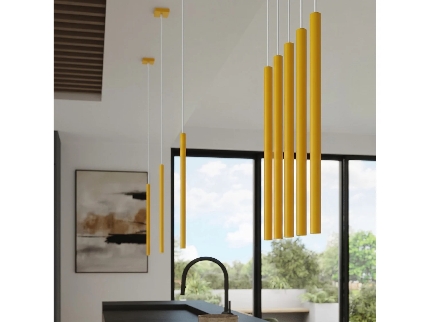 Lampe suspendue moderne en acier - 2 sources lumineuses - L.15 x H.118 cm - jaune
