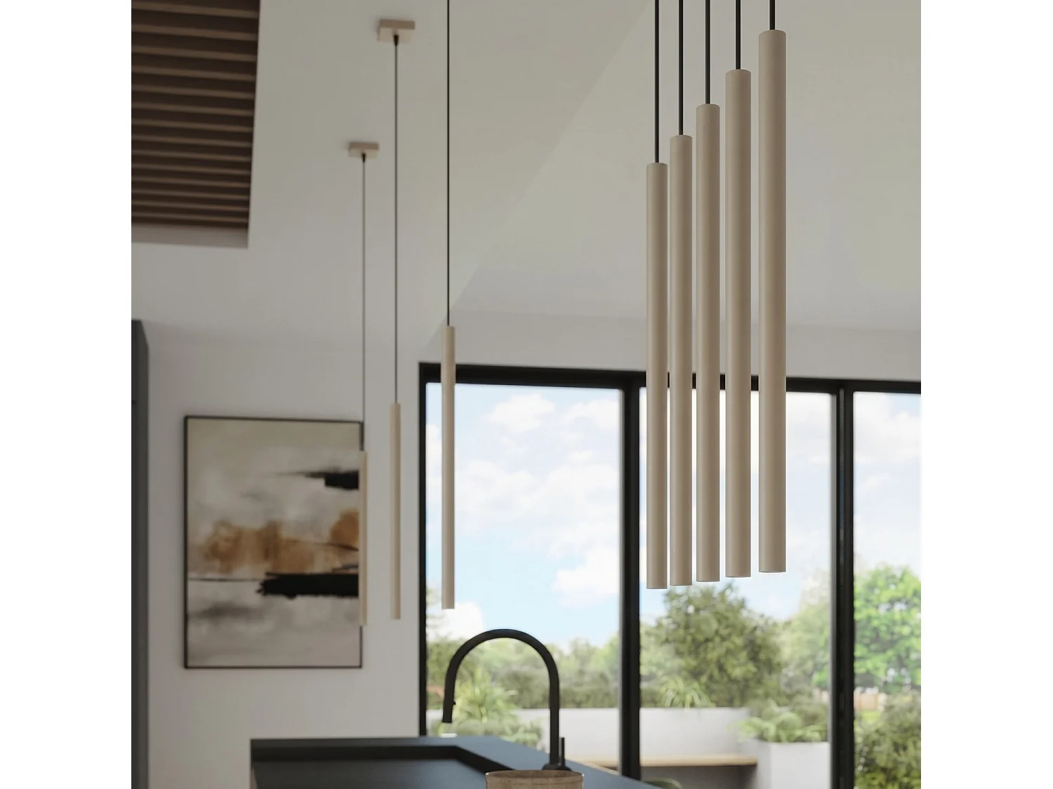 Lampe suspendue moderne en acier - 3 sources lumineuses - L.19,5 x H.115 cm - taupe
