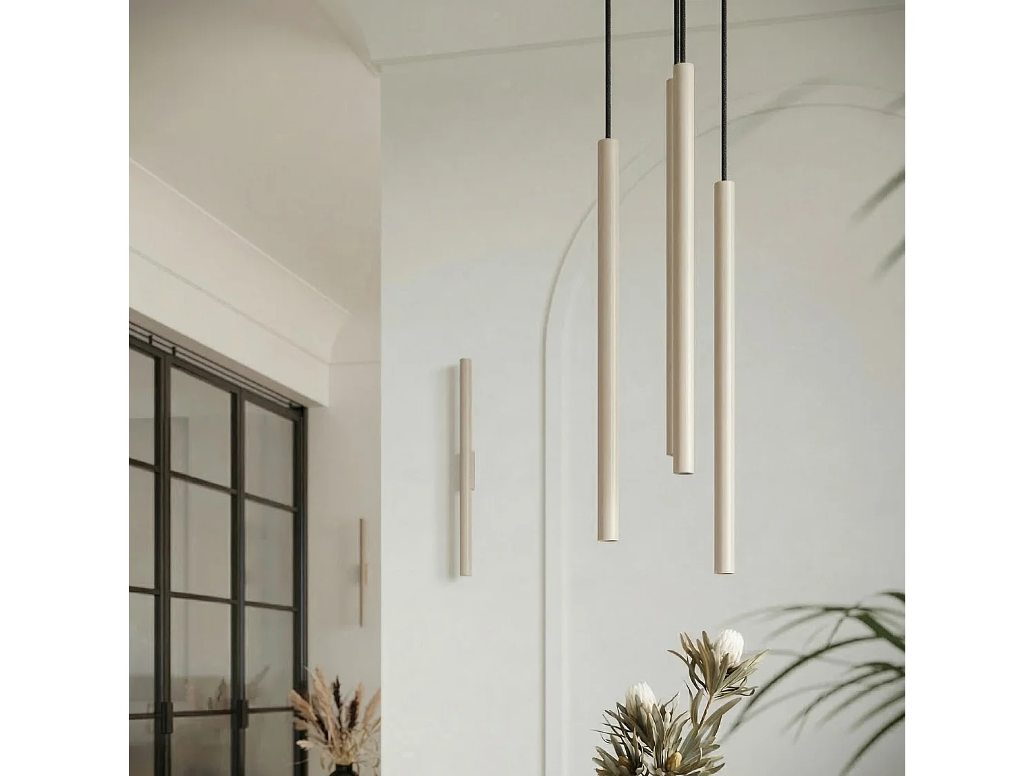 Lampe suspendue moderne en acier - 2 sources lumineuses - L.15 x H.118 cm - taupe