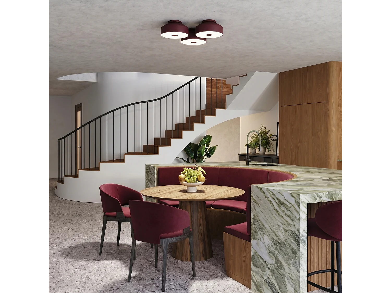 Plafonnier moderne en acier/PVC - 4 sources lumineuses - L.30 x H.15 cm - bordeaux