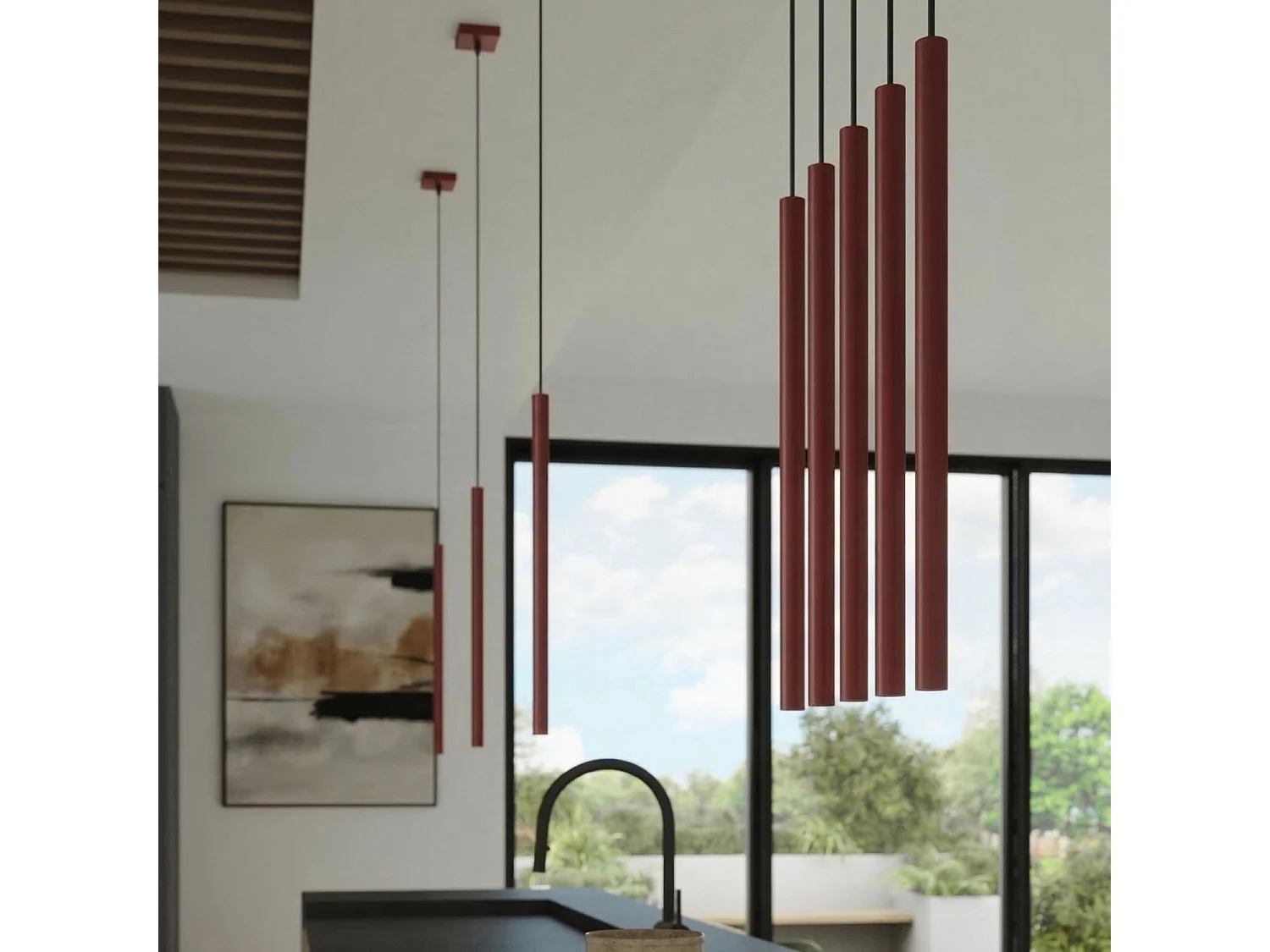 Lampe suspendue moderne en acier - 1 sources lumineuses - L.8 x H.120 cm - bordeaux