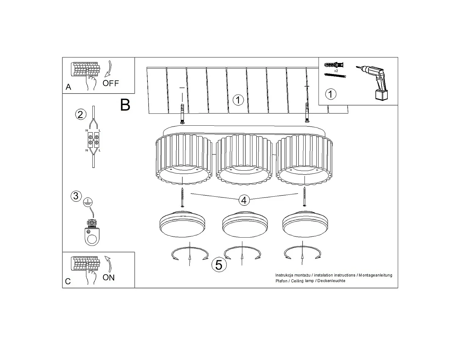 Plafonnier minimaliste en aluminium - 3 sources lumineuses - L.32,4 x H.8,2 cm - vert olive