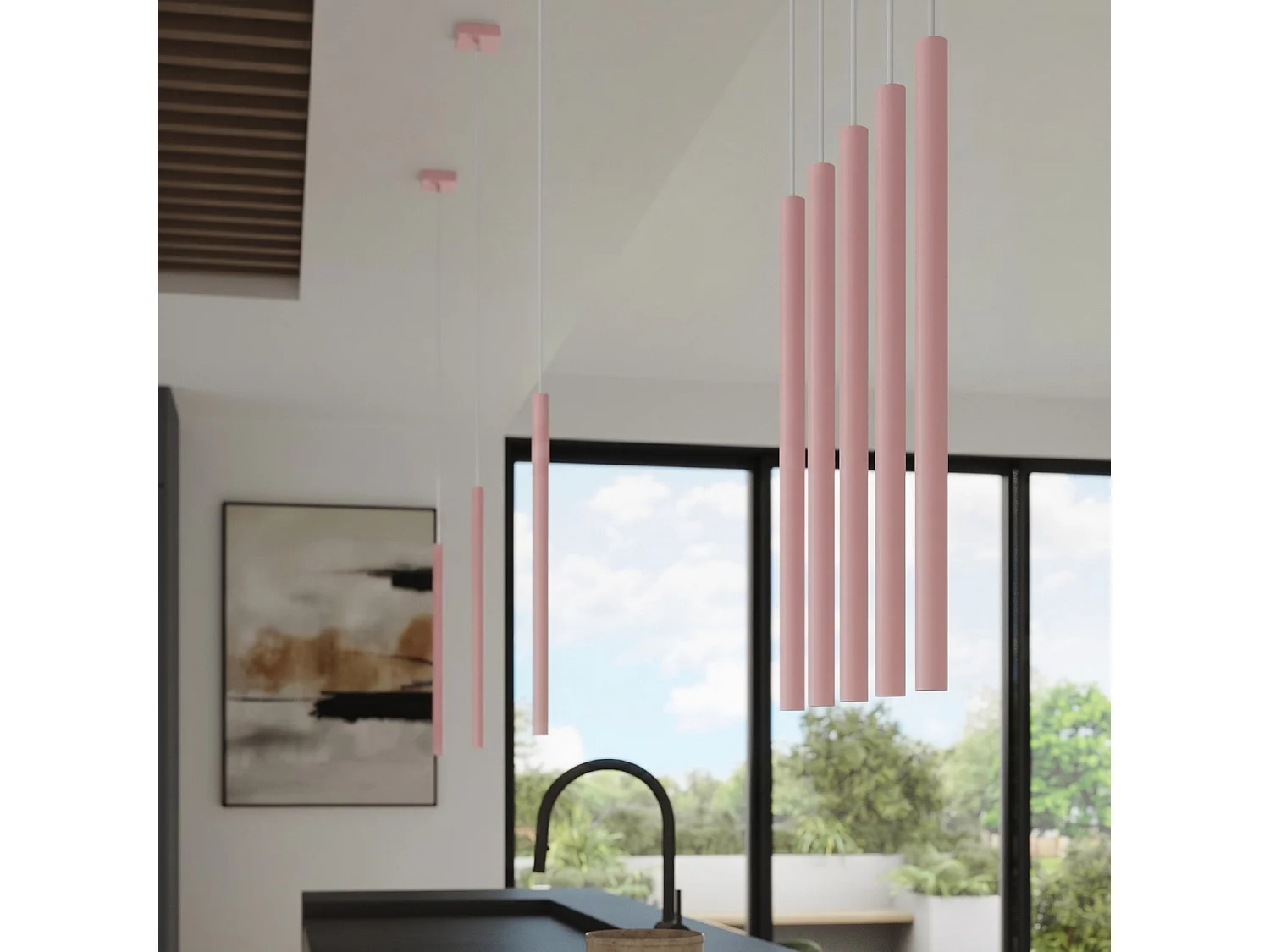 Lampe suspendue moderne en acier - 3 sources lumineuses - L.19,5 x H.115 cm - rose