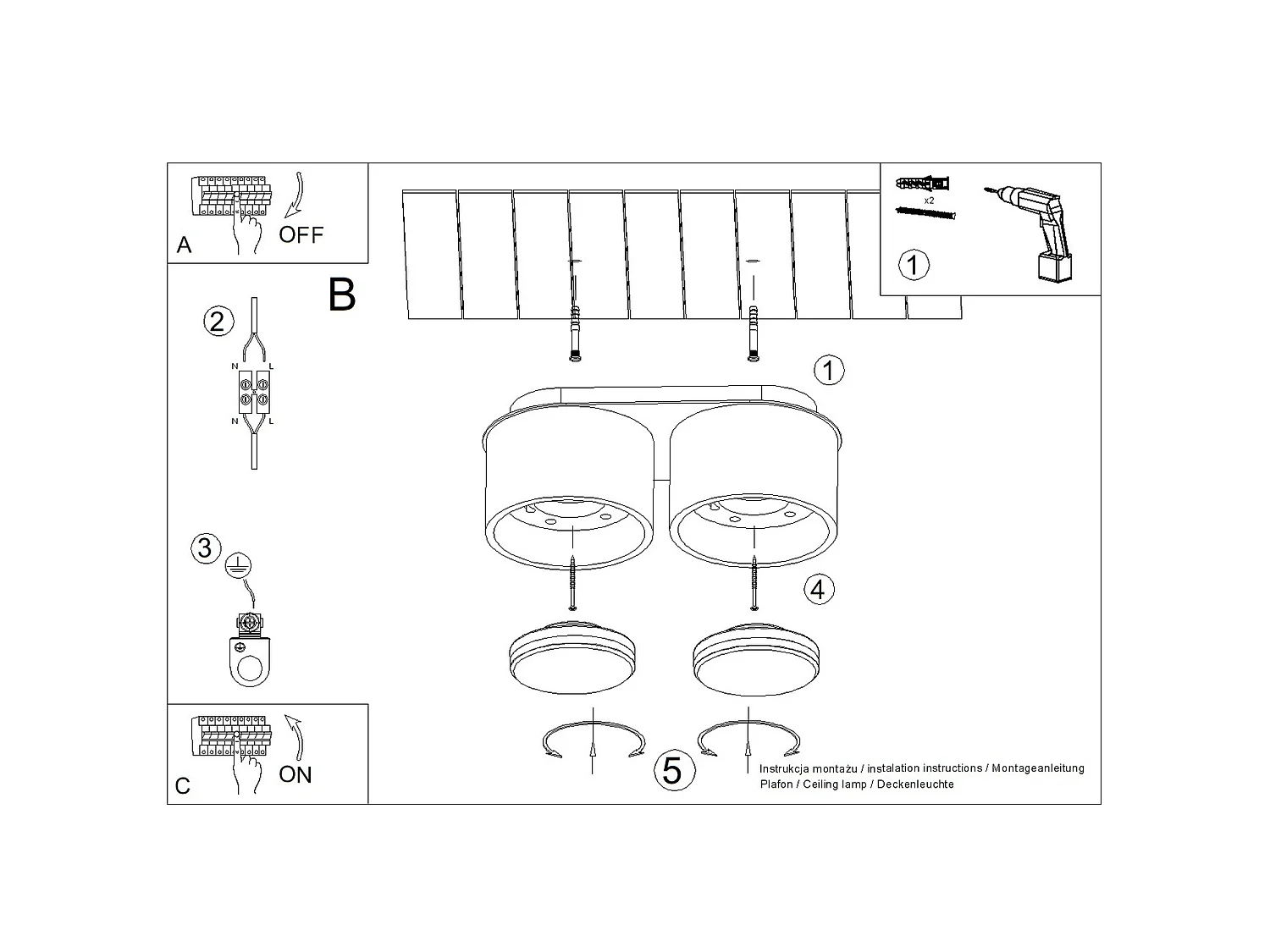 Plafonnier minimaliste en aluminium - 2 sources lumineuses - L.21 x H.8 cm - noir