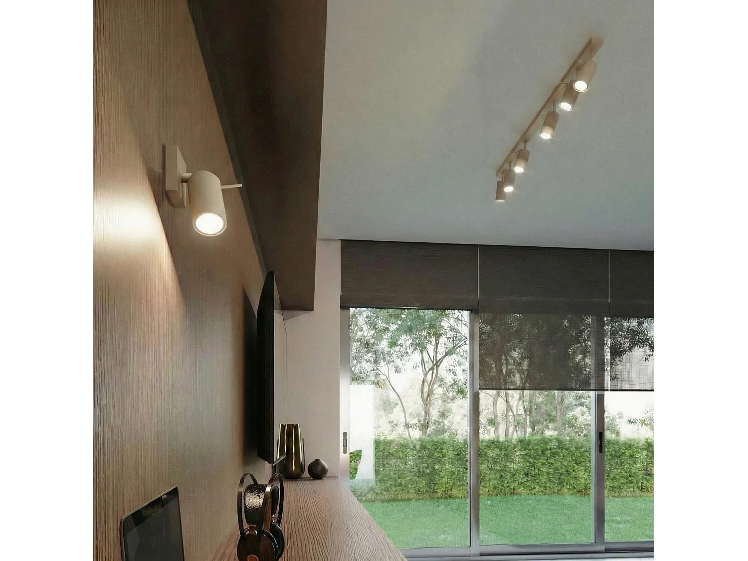 Plafonnier moderne en acier - 6 sources lumineuses - L.118 x H.16 cm - taupe