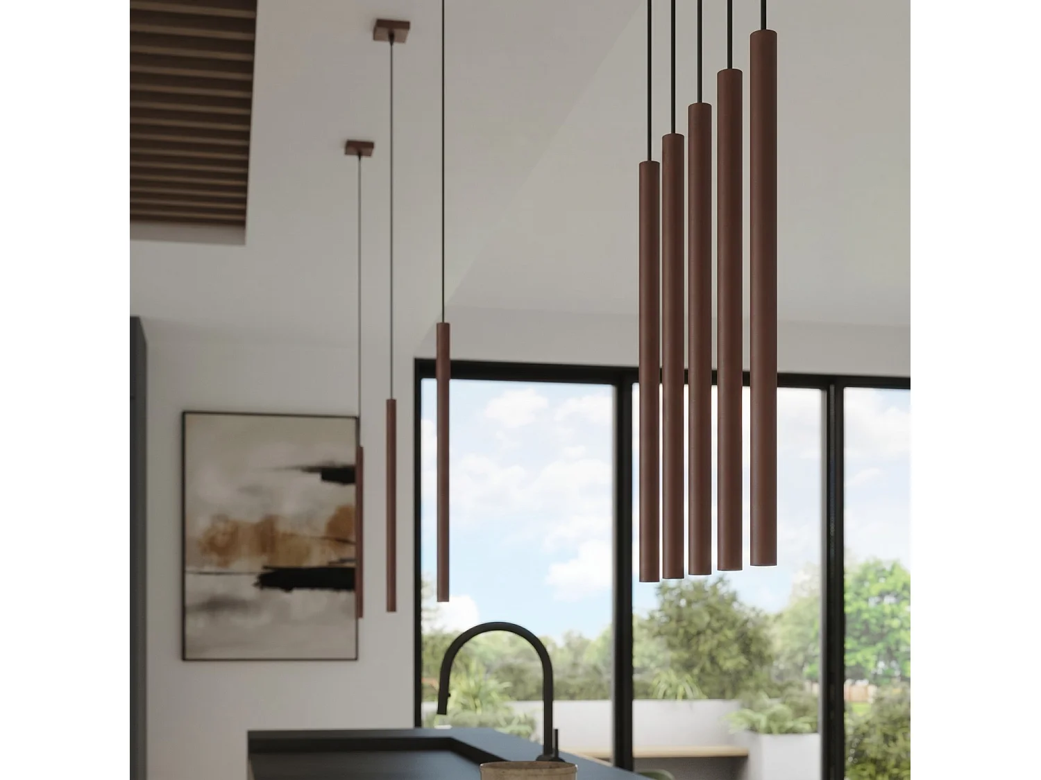 Lampe suspendue moderne en acier - 1 sources lumineuses - L.8 x H.120 cm - marron