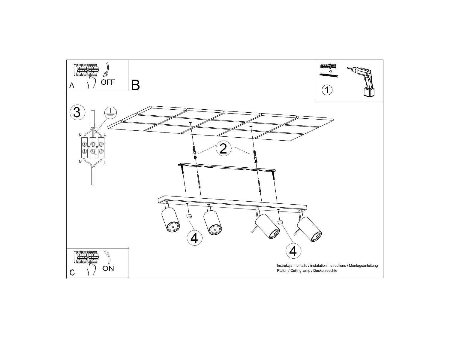 Plafonnier moderne en acier - 4 sources lumineuses - L.80 x H.16 cm - outremer