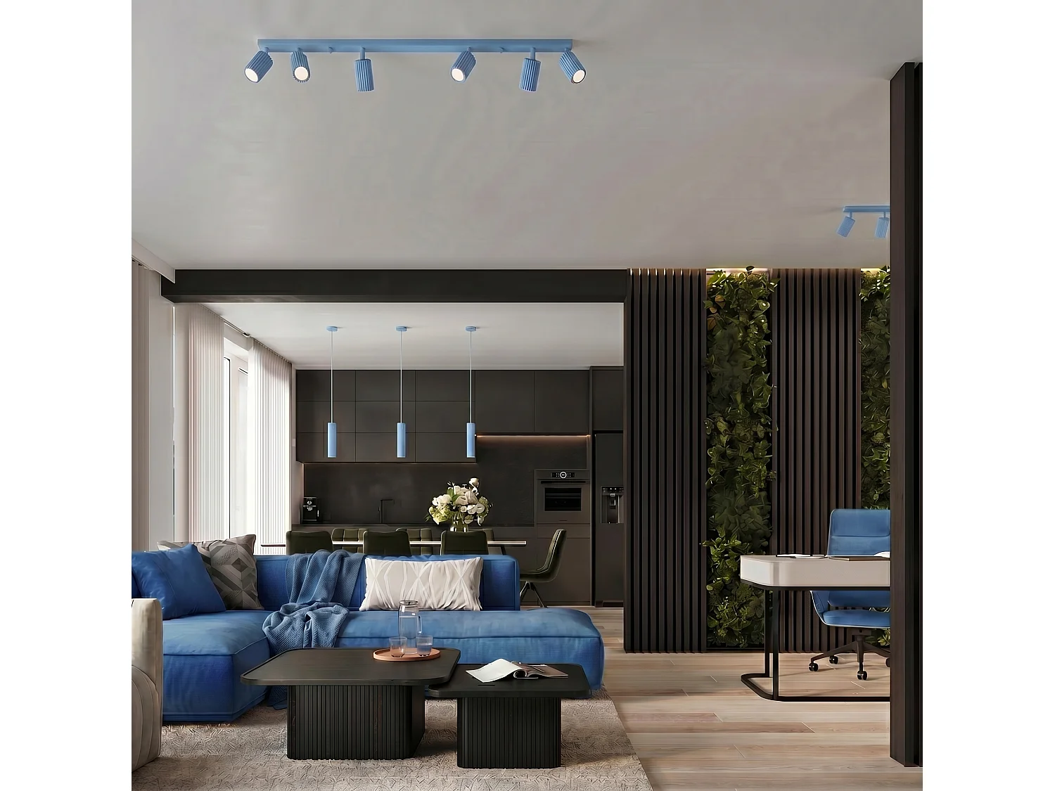 Plafonnier minimaliste en aluminium - 4 sources lumineuses - L.81 x H.16,5 cm - bleu clair