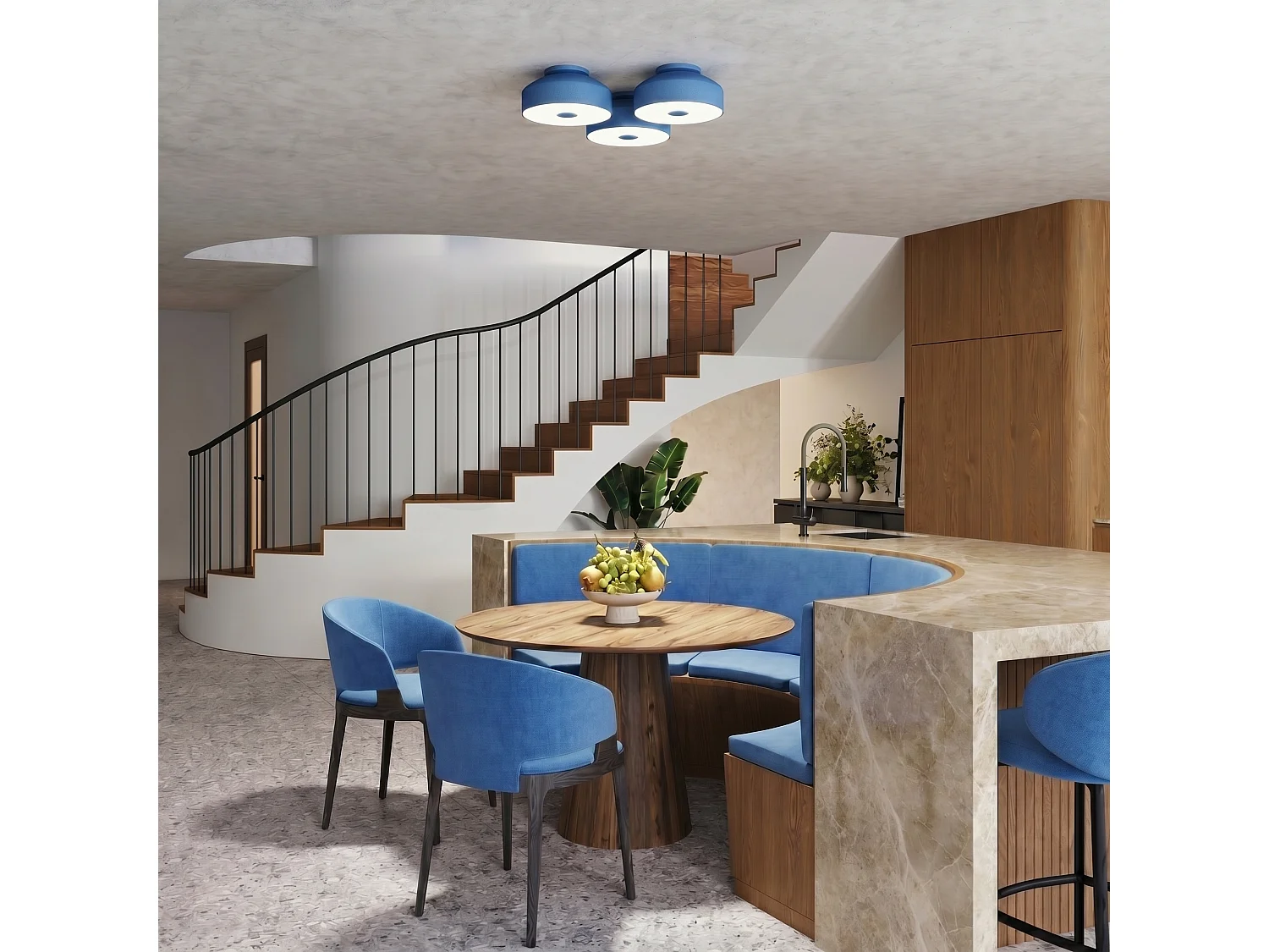 Plafonnier moderne en acier/PVC - 4 sources lumineuses - L.30 x H.15 cm - bleu clair