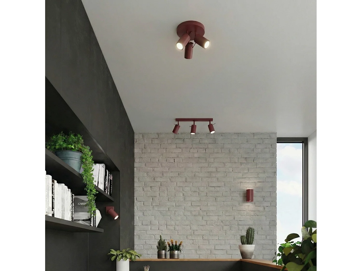 Plafonnier moderne en acier - 3 sources lumineuses - L.25,7 x H.14,5 cm - bordeaux