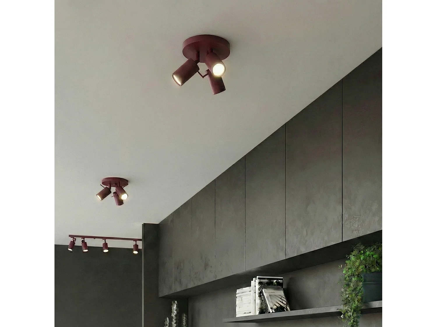 Plafonnier moderne en acier - 3 sources lumineuses - L.25,7 x H.14,5 cm - bordeaux