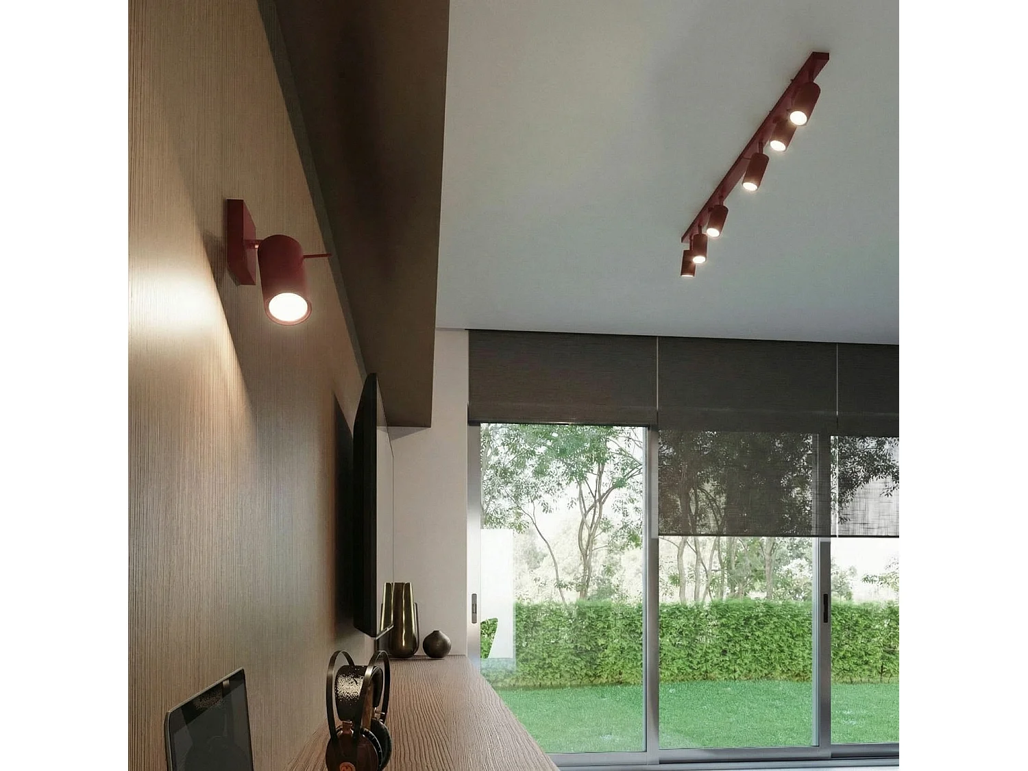 Plafonnier moderne en acier - 3 sources lumineuses - L.45 x H.16 cm - bordeaux