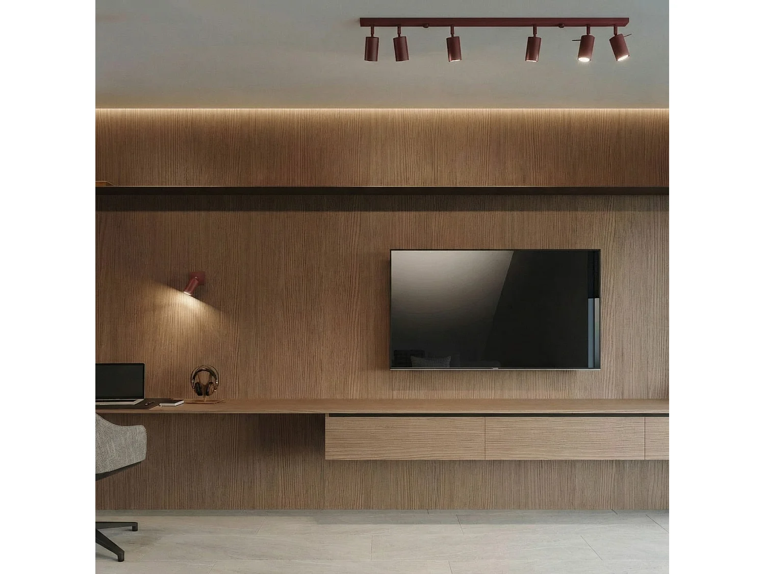 Plafonnier moderne en acier - 3 sources lumineuses - L.45 x H.16 cm - bordeaux