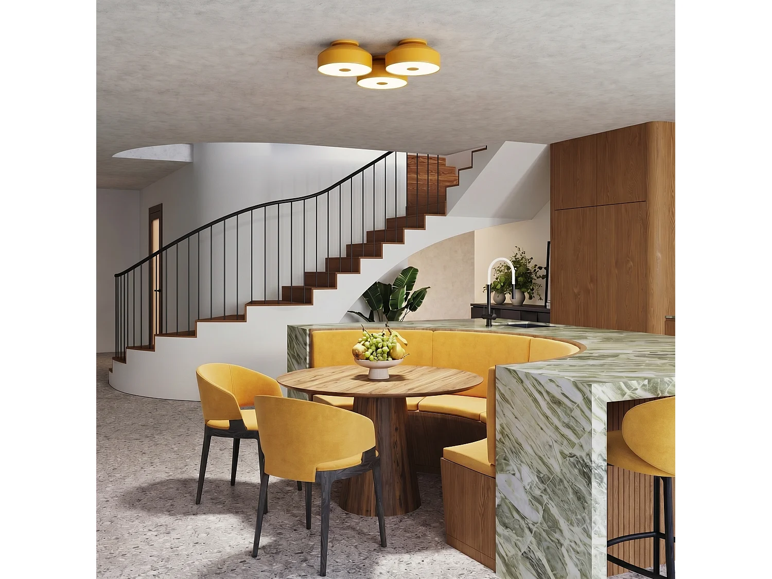 Plafonnier moderne en acier/PVC - 4 sources lumineuses - L.30 x H.15 cm - jaune