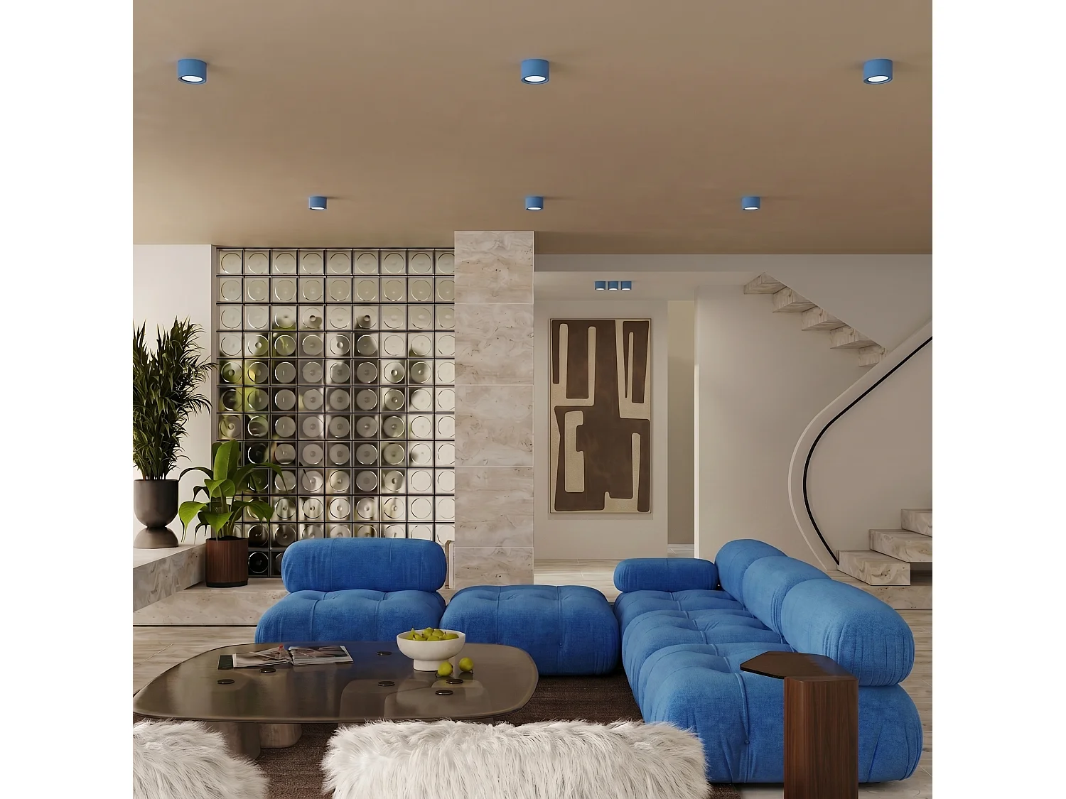 Plafonnier minimaliste en aluminium - 3 sources lumineuses - L.32,4 x H.8,2 cm - bleu clair