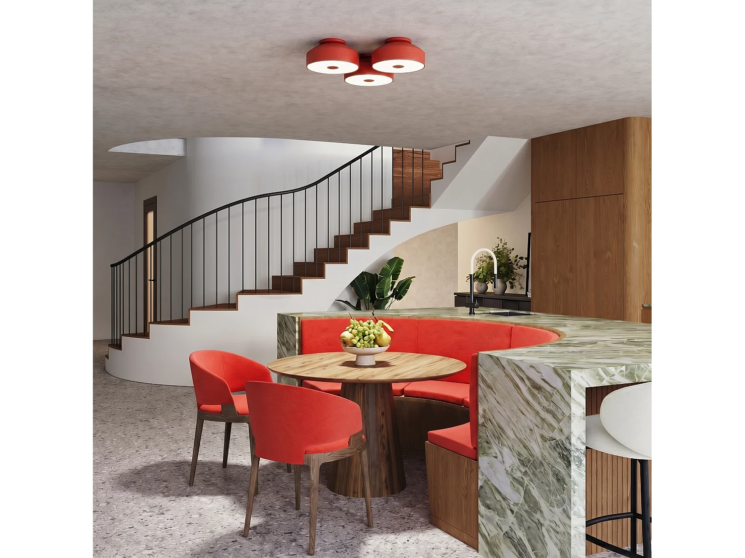 Plafonnier moderne en acier/PVC - 4 sources lumineuses - L.30 x H.15 cm - rouge