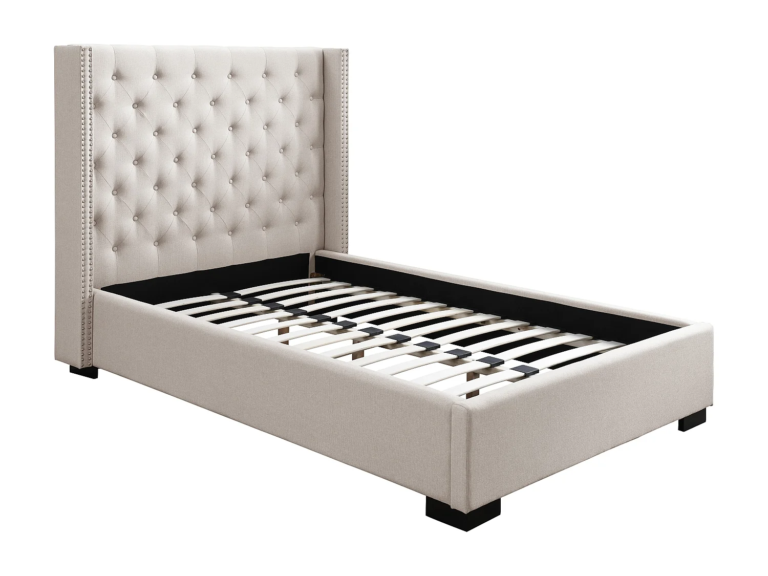 Lit 90 x 200 cm avec tête de lit capitonnée - Tissu - Beige + Matelas - MASSIMO III