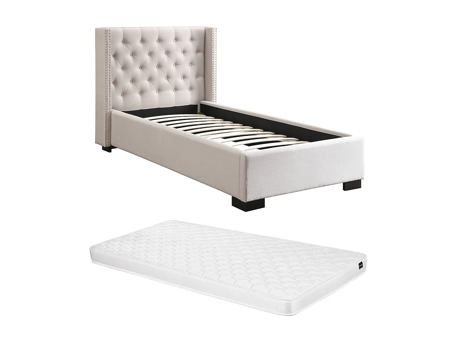 Lit 90 x 200 cm avec tête de lit capitonnée - Tissu - Beige + Matelas - MASSIMO III