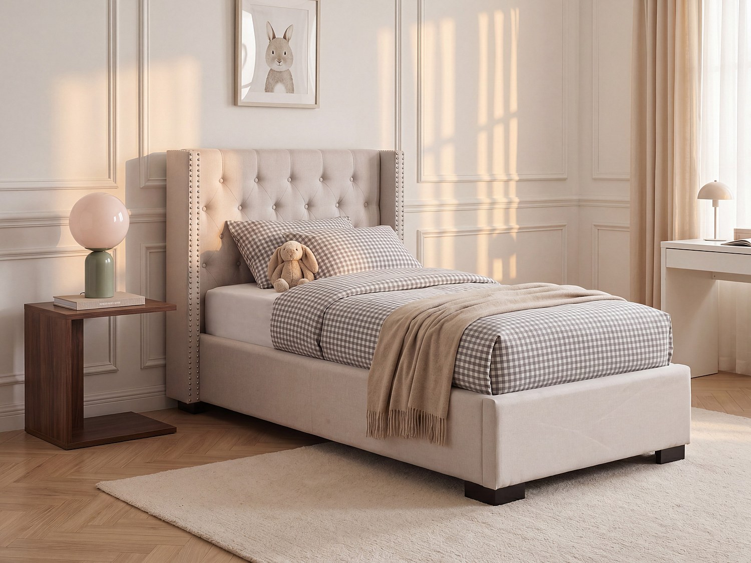 Bettrahmen 90 x 200 cm mit gepolstertem Kopfteil - Stoff - Beige + Matratze - III MASSIMO