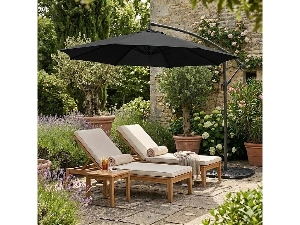 Parasol Jardín Excéntrico 3 m Negro con Base de Resina 4 Piezas y Funda – Sombrilla Colgante Exterior con Mástil Lateral, Manivela, 8 Varillas para Terraza