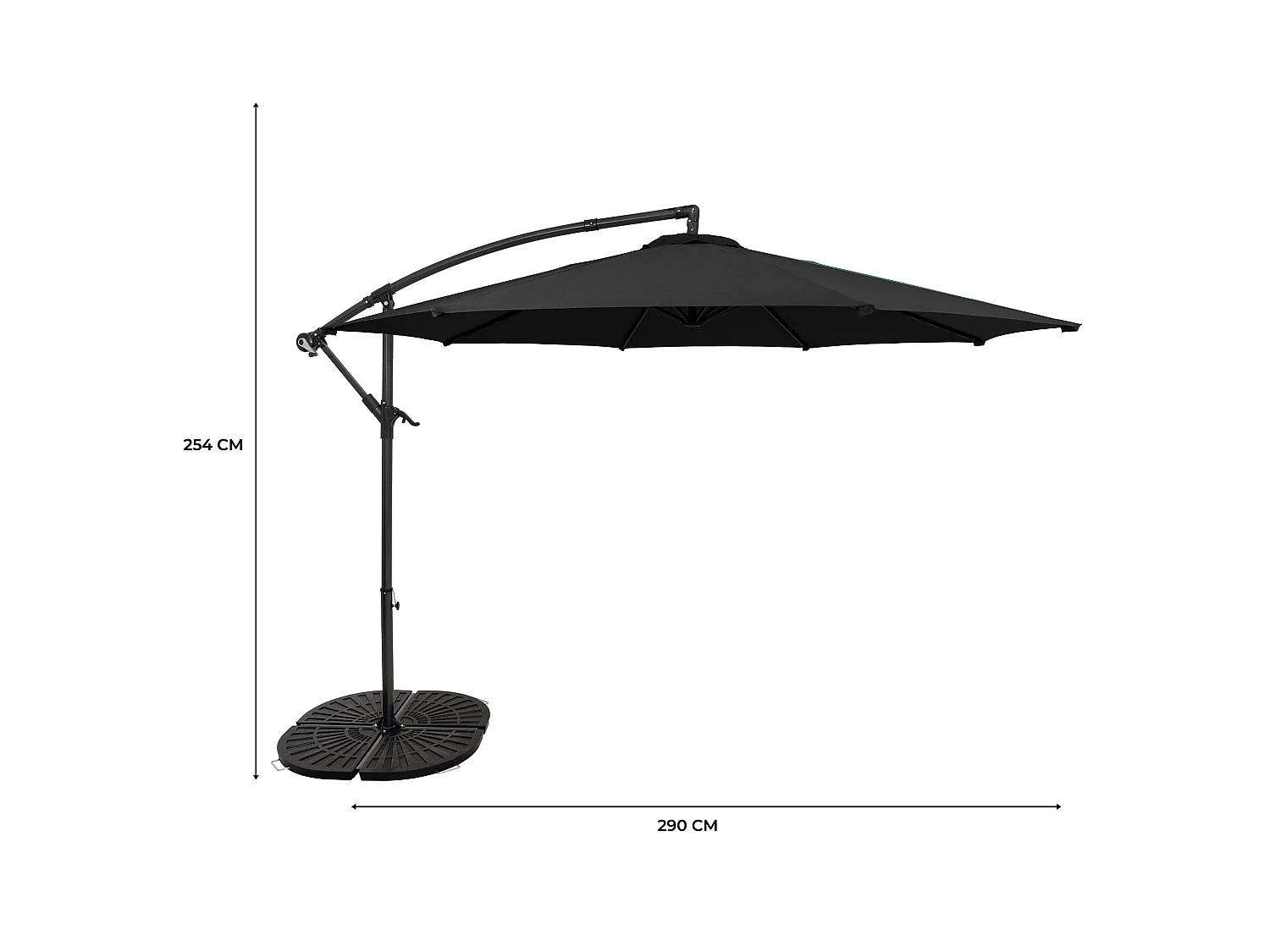 Parasol Jardín Excéntrico 3 m Negro con Base de Resina 4 Piezas y Funda – Sombrilla Colgante Exterior con Mástil Lateral, Manivela, 8 Varillas para Terraza