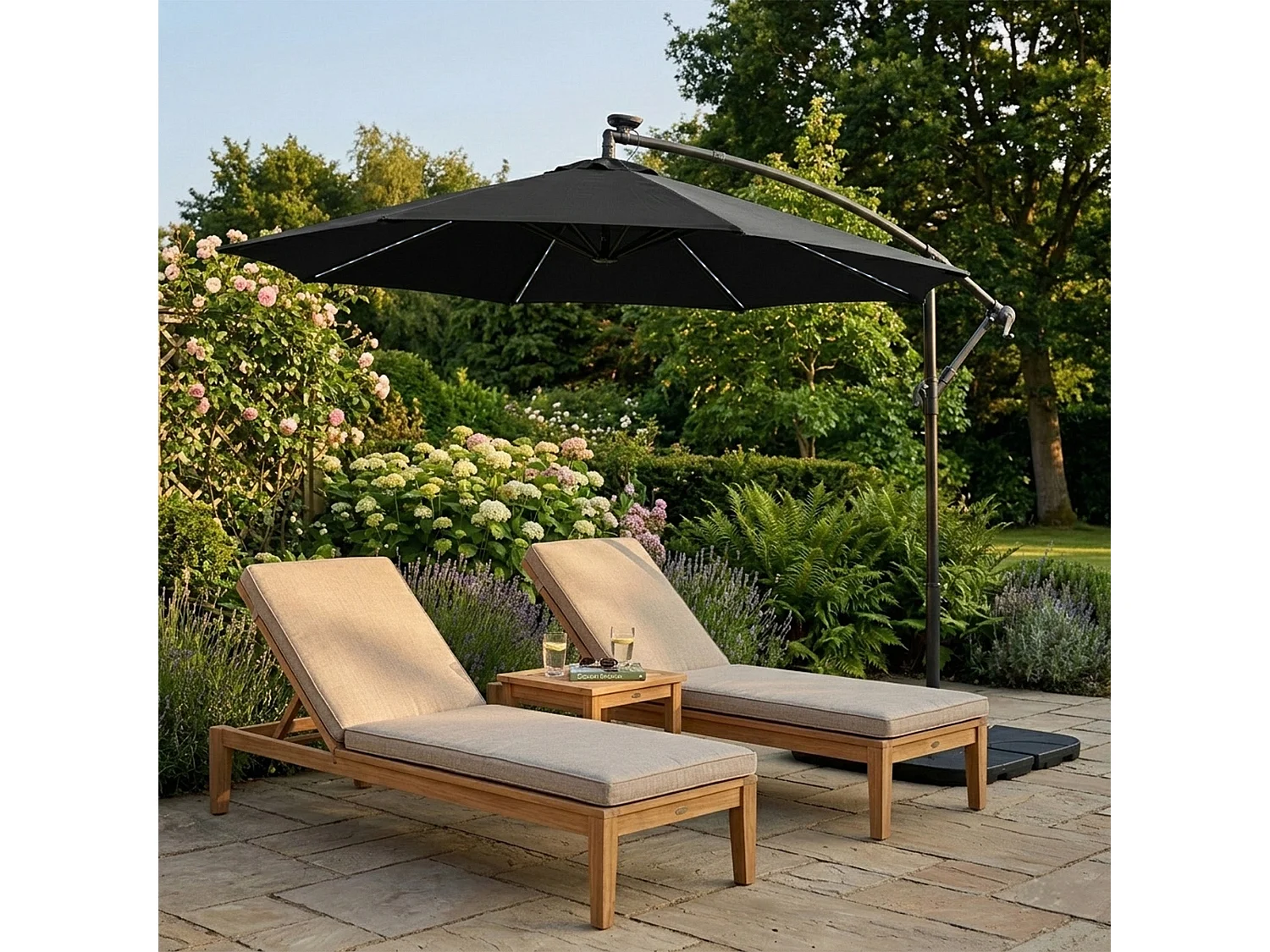 LED Zweefparasol 3 m & Vierkante Parasolvoet - zwart - parasol met verlichting