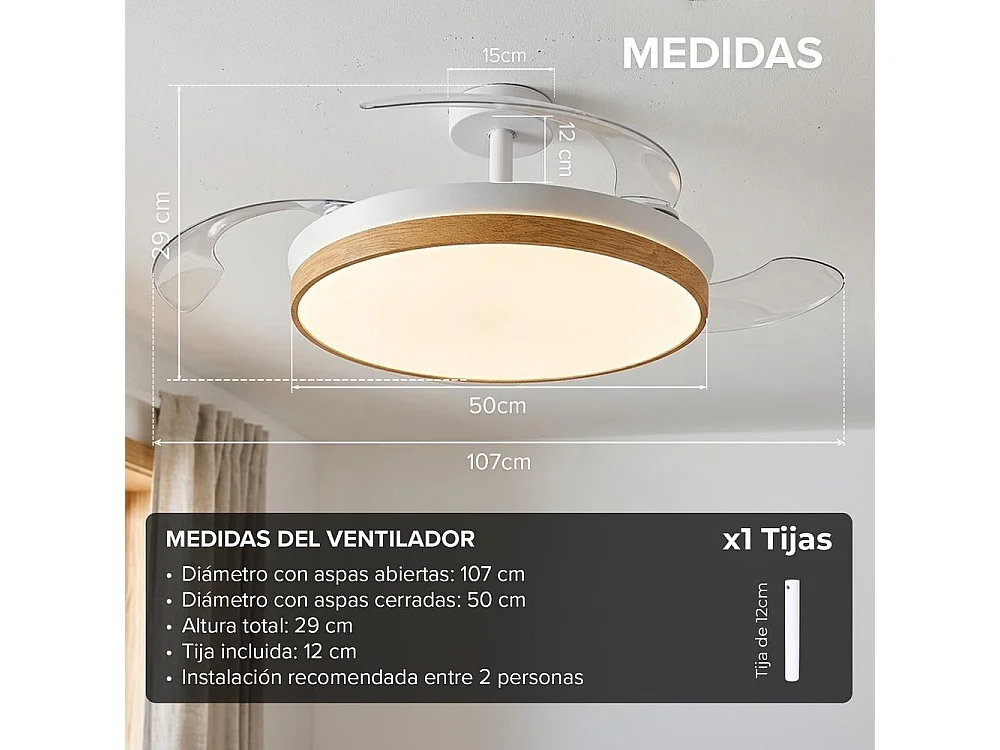 3NOD- Concept Nature Ventilador de techo retractil con luz LED blanco motor DC