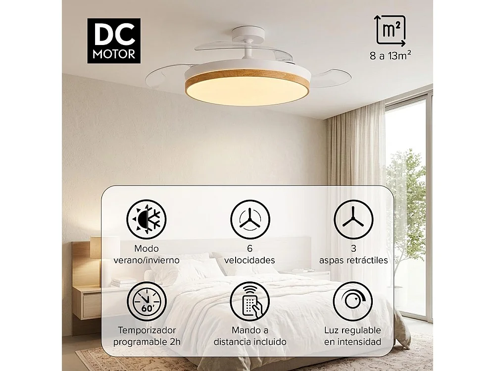 3NOD- Concept Nature Ventilador de techo retractil con luz LED blanco motor DC