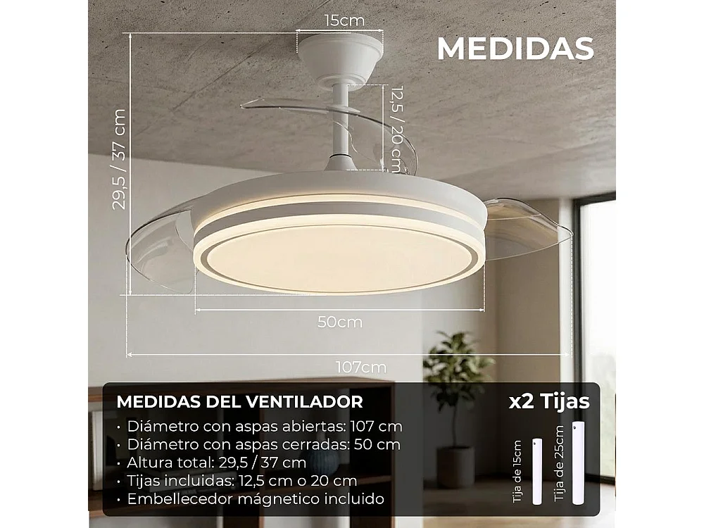 Ventilador de techo con luz LED 72W – aspas retráctiles y app Bluetooth – Eos One