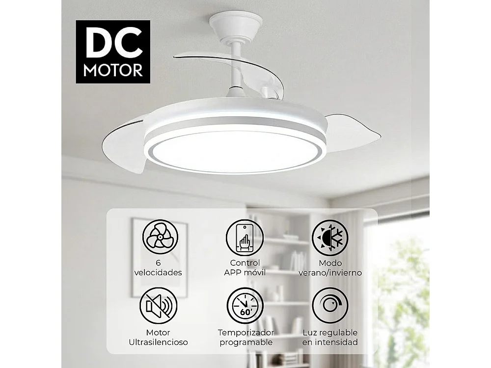 Ventilador de techo con luz LED 72W – aspas retráctiles y app Bluetooth – Eos One