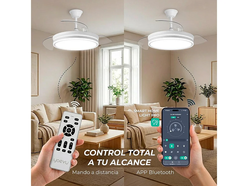 Ventilador de techo con luz LED 72W – aspas retráctiles y app Bluetooth – Eos One
