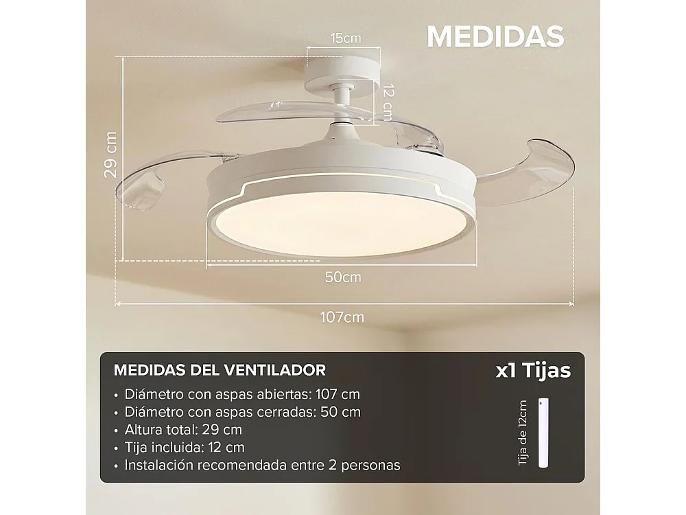 3NOD- Concept Ray Ventilador de techo retractil con luz LED blanco motor DC