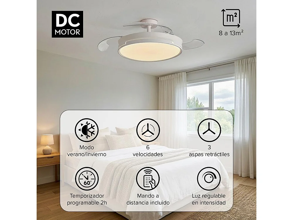 3NOD- Concept Ray Ventilador de techo retractil con luz LED blanco motor DC