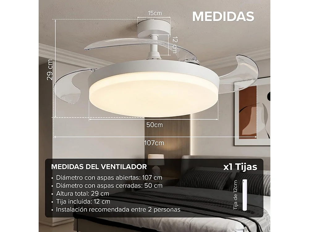 3NOD - Concept Ova Ventilador de techo retractil con luz LED blanco motor DC