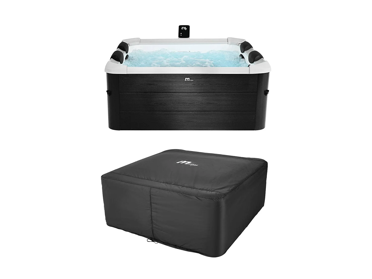 Spa rigide 6 places 180cm carré hydromassages 4 coussins bâche + housse thermique