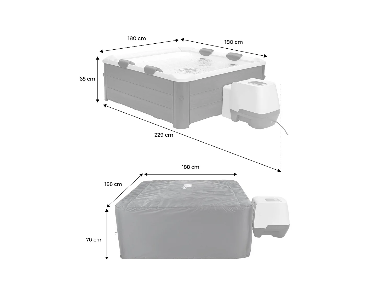 Spa rigide 6 places 180cm carré hydromassages 4 coussins bâche + housse thermique