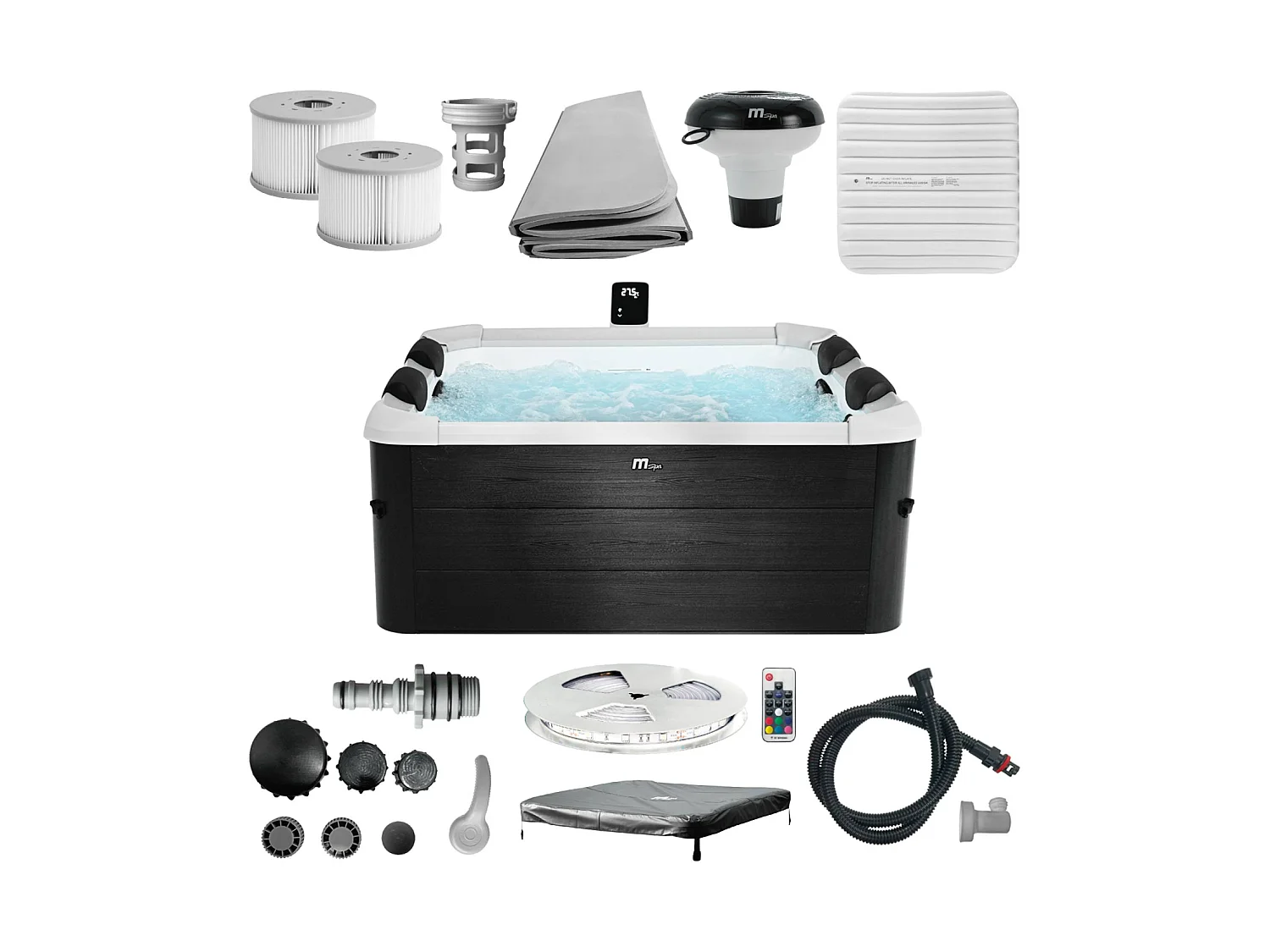 Spa rigide 6 places 180cm carré hydromassages 4 coussins bâche + housse thermique