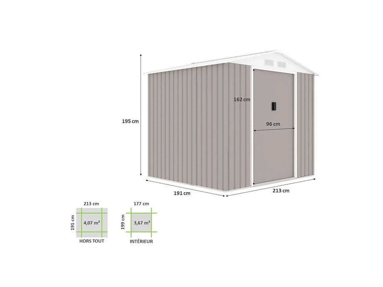 Gartenhaus aus Metall, 4,07 m² – 213 x 191 x 195 cm – inklusive Verankerungsset – Taupe